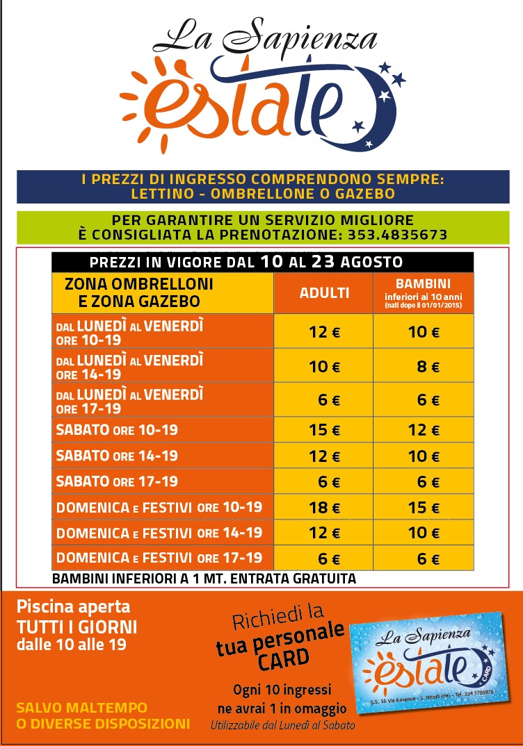 Prezzi piscina dal 10 agosto al 23 agosto